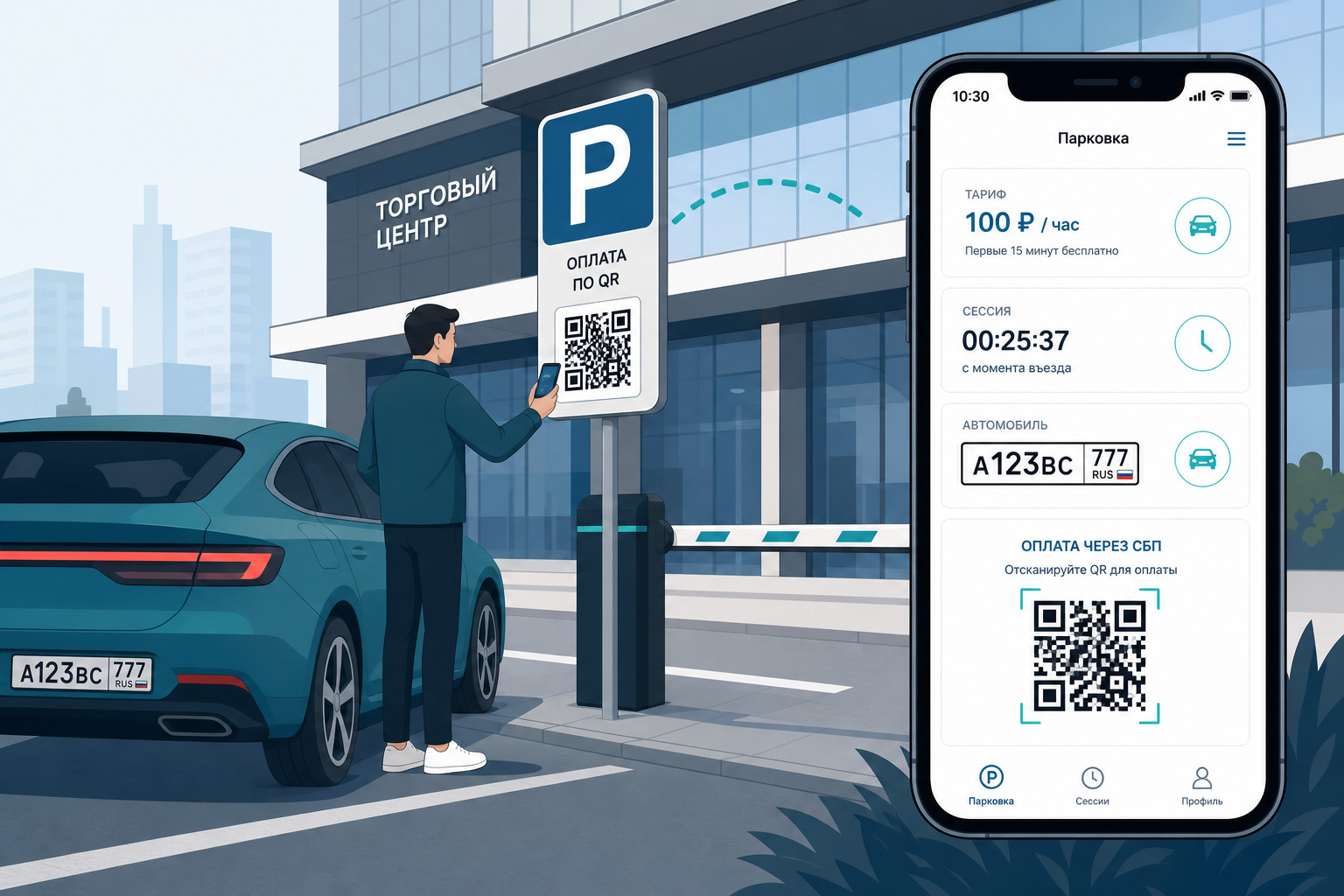 Парковка по QR: водитель сканирует QR-код для парковки и оплачивает стоянку оплатой по QR с телефона