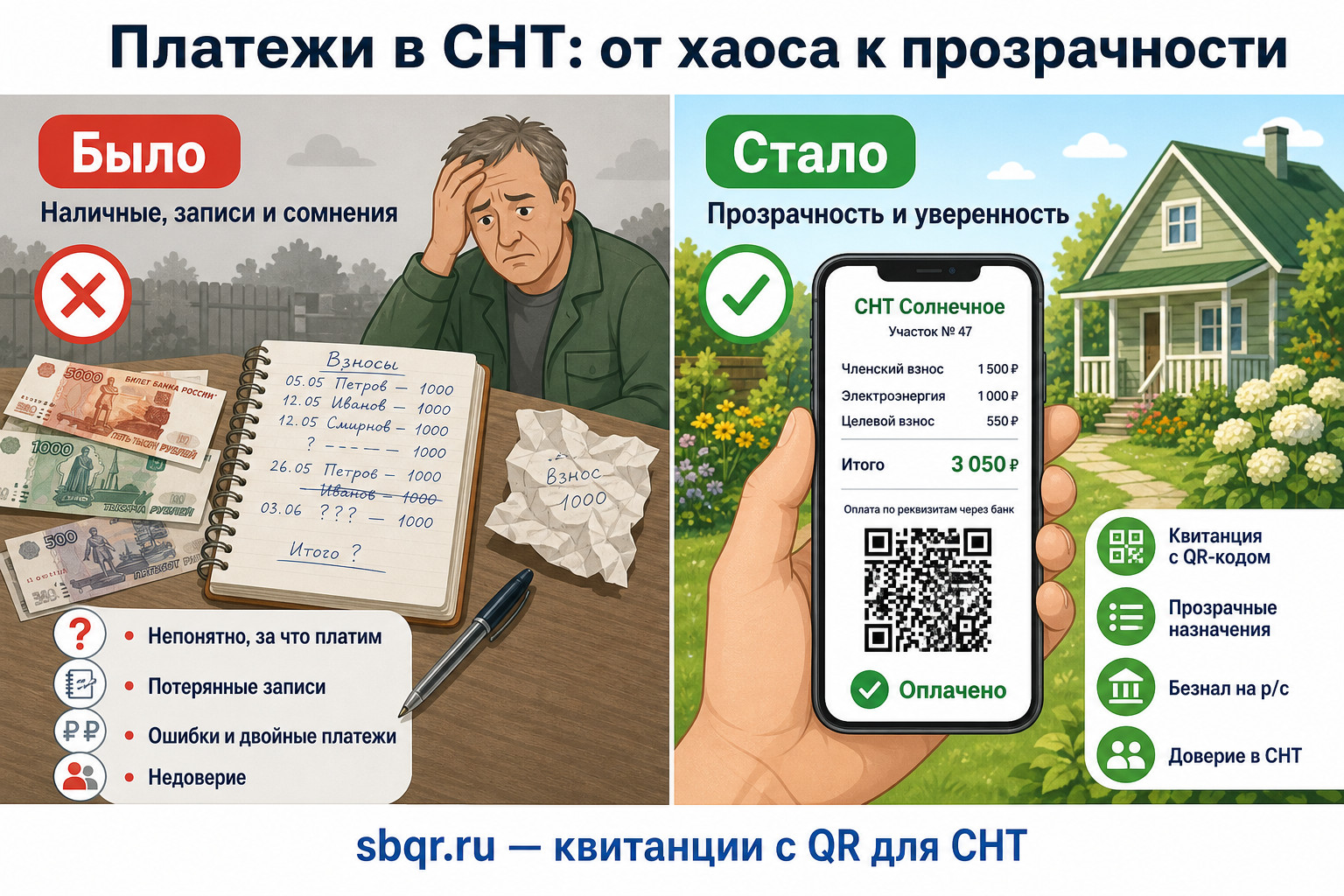 Квитанция СНТ с QR-кодом: разбивка взносов по строкам — членский, целевой, электроэнергия