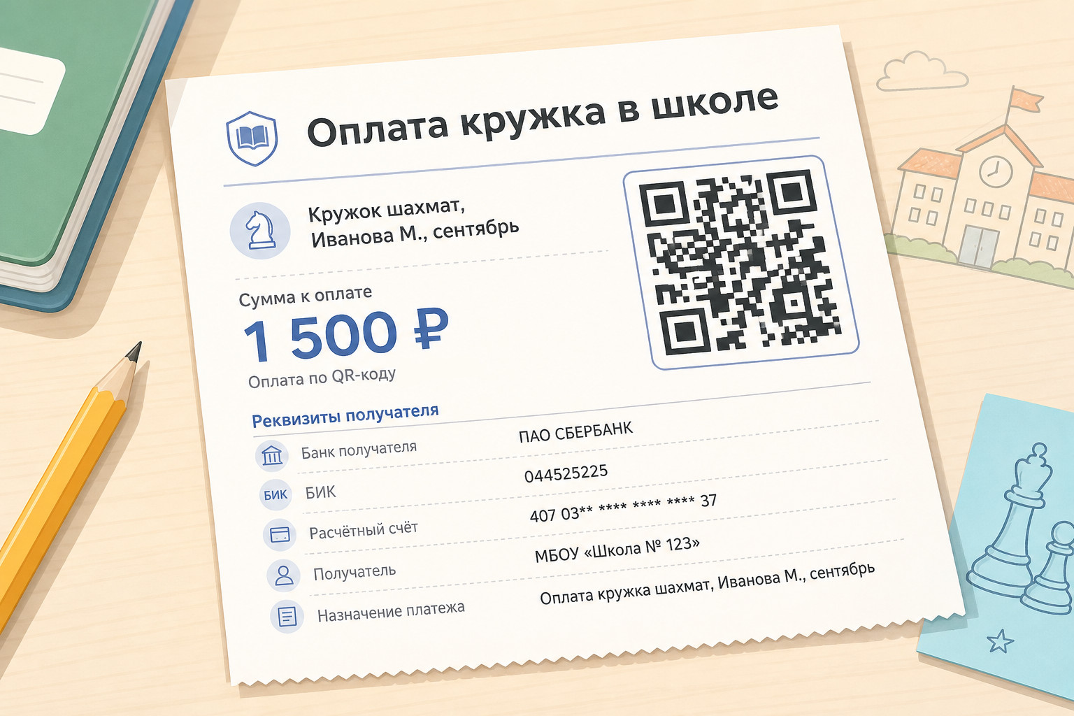 Квитанция с QR-кодом для оплаты кружка в школе — реквизиты и сумма на бланке
