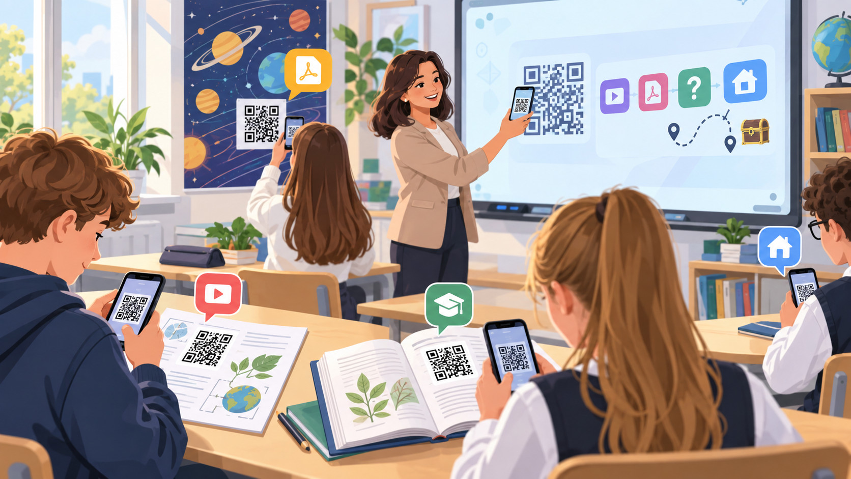Ученики сканируют QR-код на рабочем листе во время урока