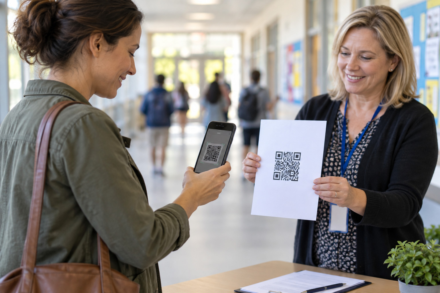 Родитель сканирует QR-код для оплаты школьного кружка