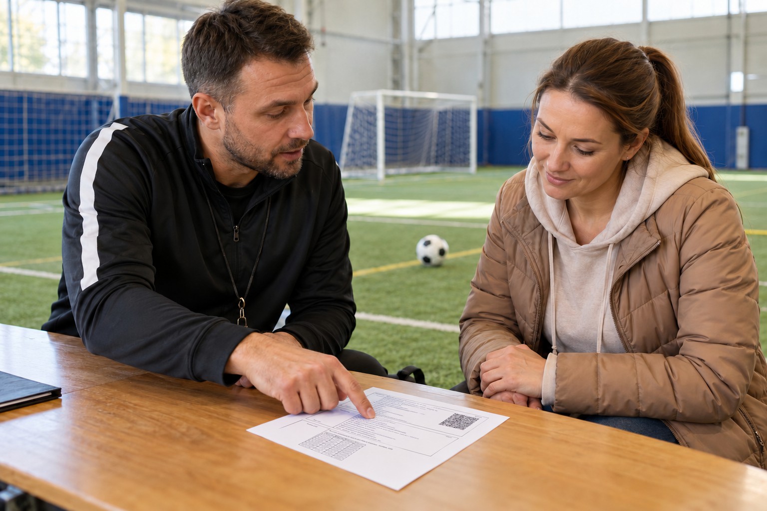 Мужчина-тренер объясняет маме футболиста квитанцию за тренировки на фоне крытого футбольного зала